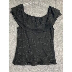 White House‎ Black Market Black Textured Leaf Top Ruffle Neckline Brunch Size M